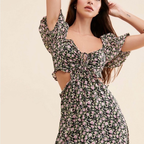 Astr Dresses & Skirts - Floral Cutout Midi Dress in Black with Pink Flowers